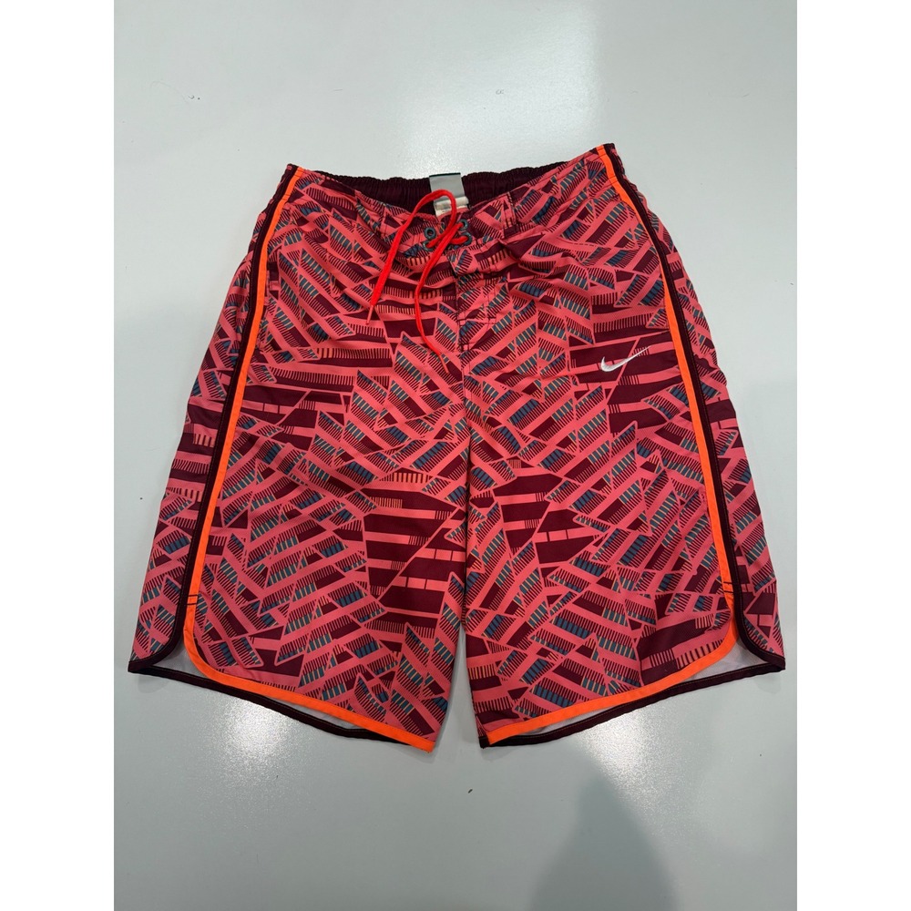 Nike Mens Swim Trunks Red Orange Geometric Abstract Print Mesh Lined Small